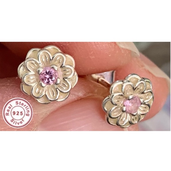 Sterling Sliver Floral Crystal Dahlia Earrings - Picture 3 of 8